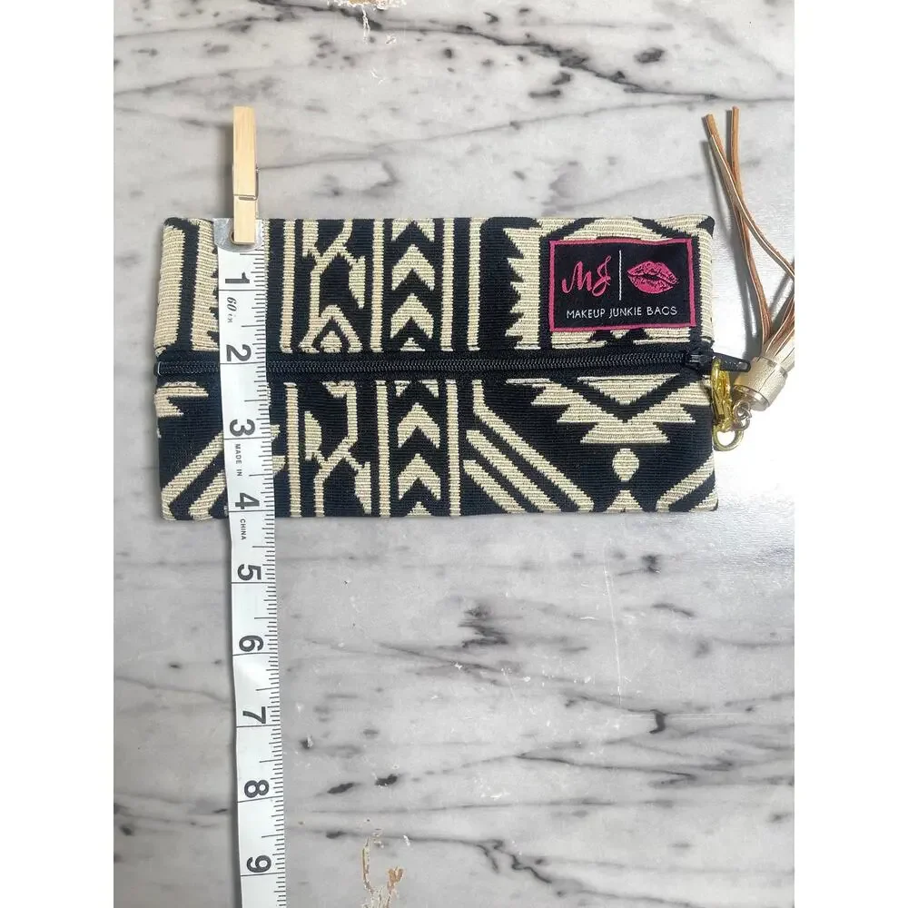 Makeup Junkie Bags Black Beige Aztec Print Lay-Flat Cosmetic Bag Pouch Size Mini